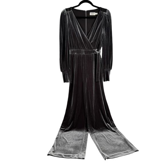 Eliza J Wrap Draped Look‎ Long Sleeves V-neck Velvet Jumpsuit Gray Size 0 - Picture 6 of 12